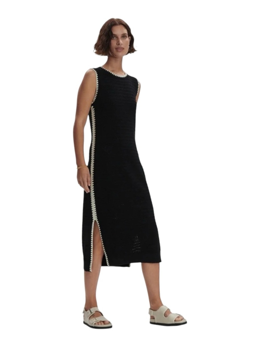 Varley Dwight Tank Knit Midi Dress Black White Trim Womens Size Medium